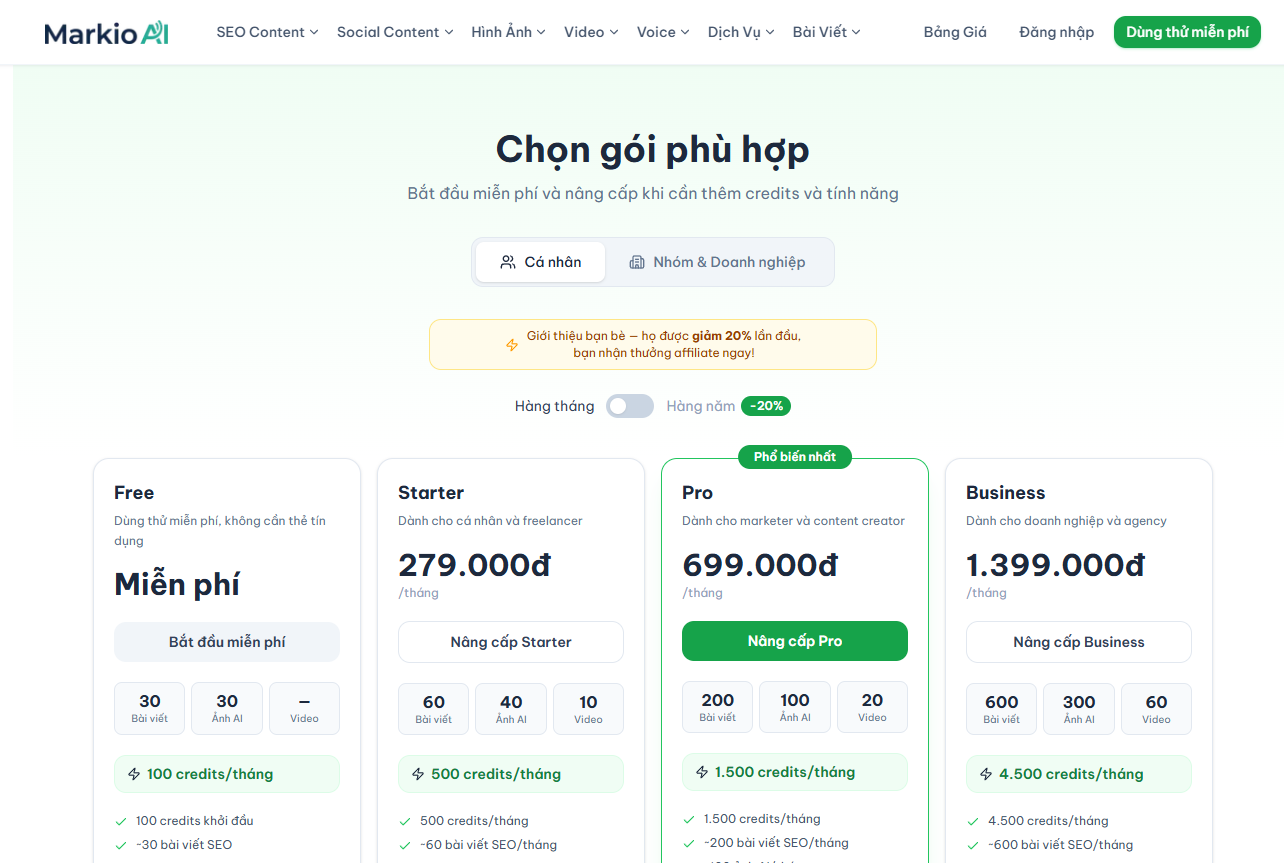 Bảng giá – Markio AI | Markio AI